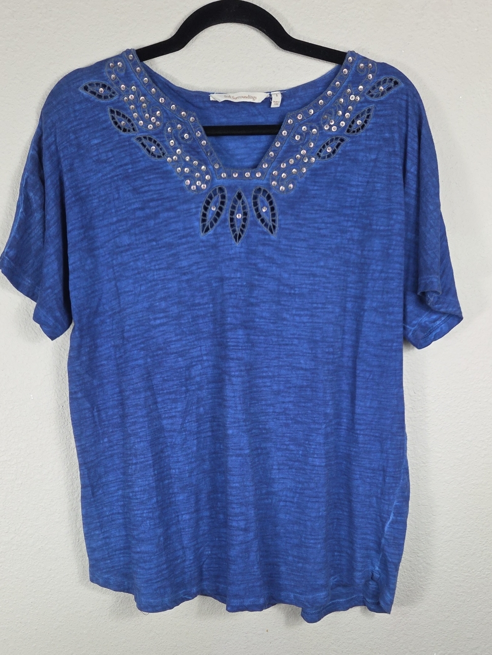 Soft Surroundings Rossa Tunic Blue Beaded Embroidered Size S Short Sleeve
